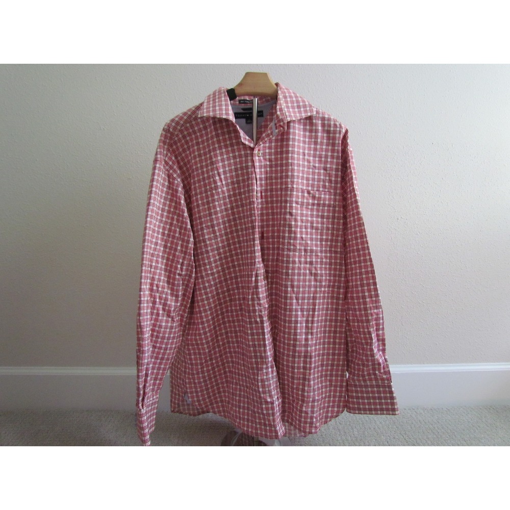Tommy Hilfiger Button Down Shirt Large Red Plaid 80s 2-Ply Cotton Preppy Classic